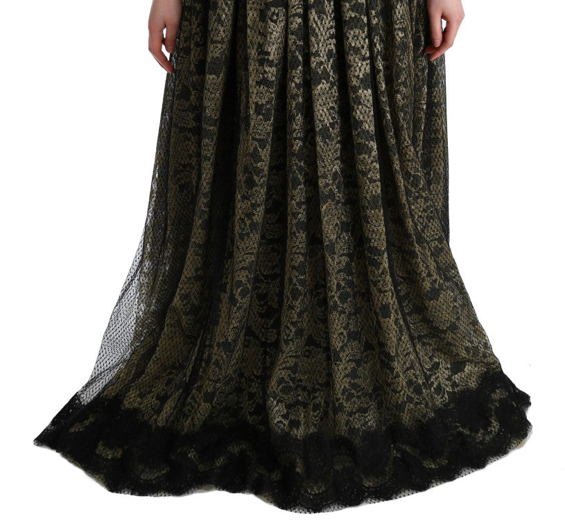 Long black lace dress with ruffles at bottom
