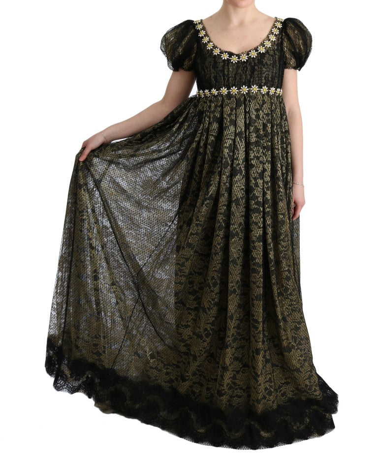 Long black dress with gold embroidery
