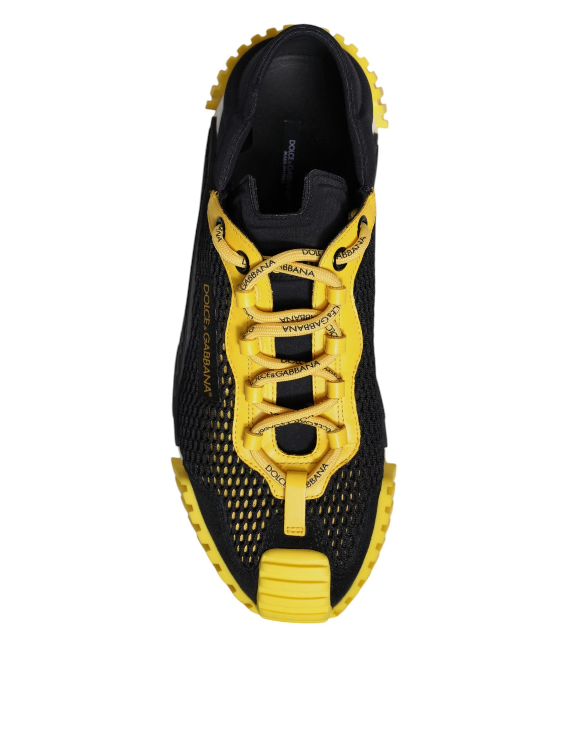 Black and yellow athletic shoe with laces
