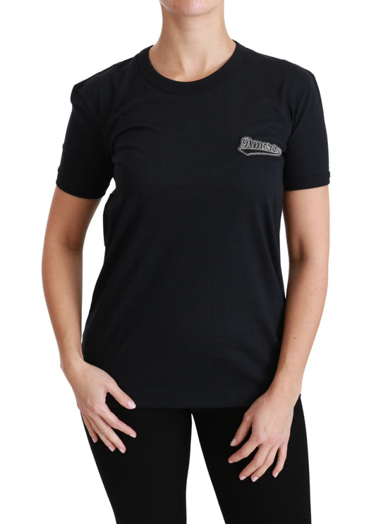 Black t-shirt with white logo on front