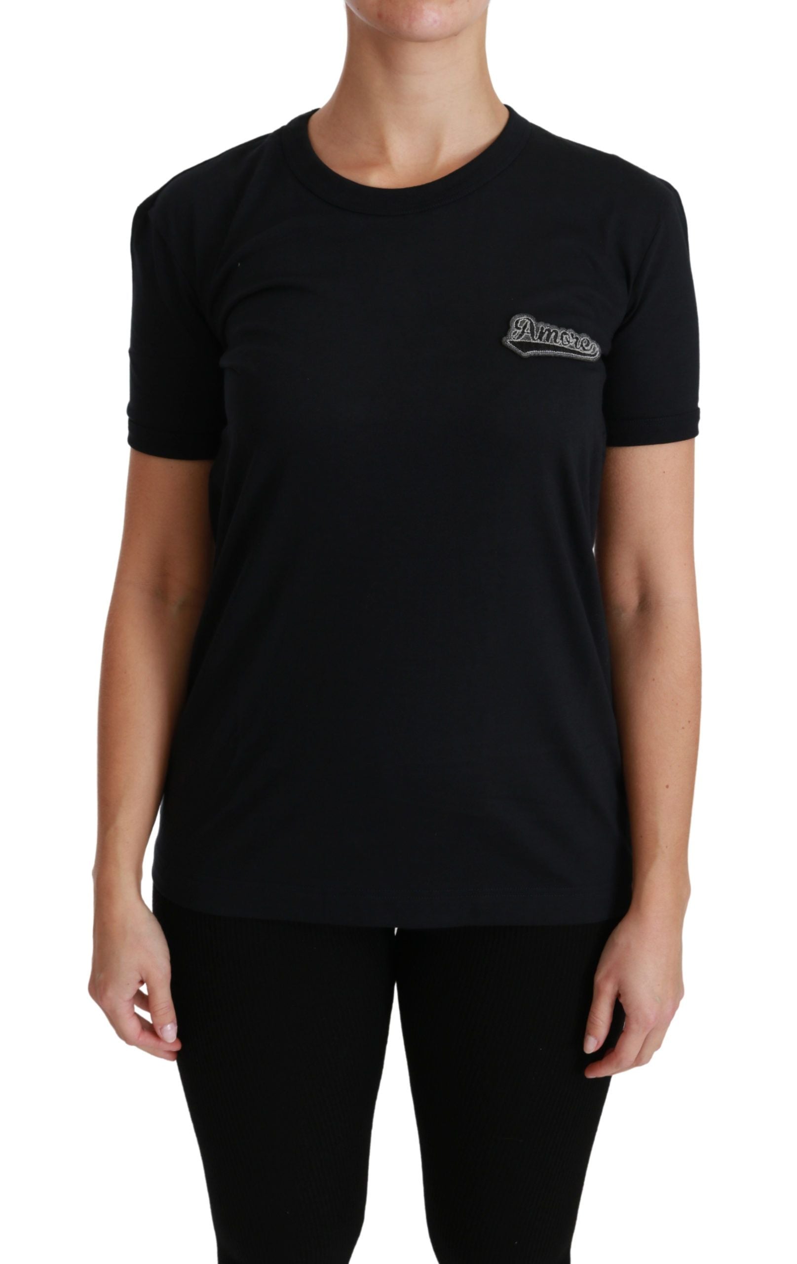 Black t-shirt with white logo on front