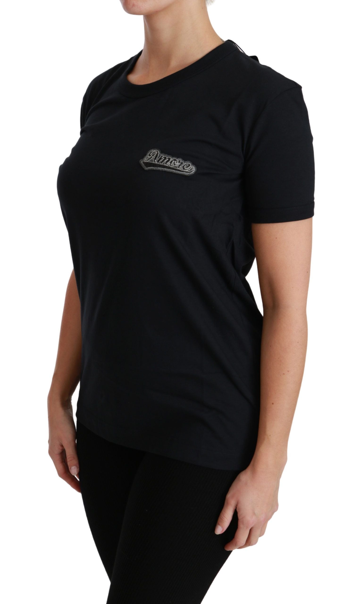 Black t-shirt with white logo on front