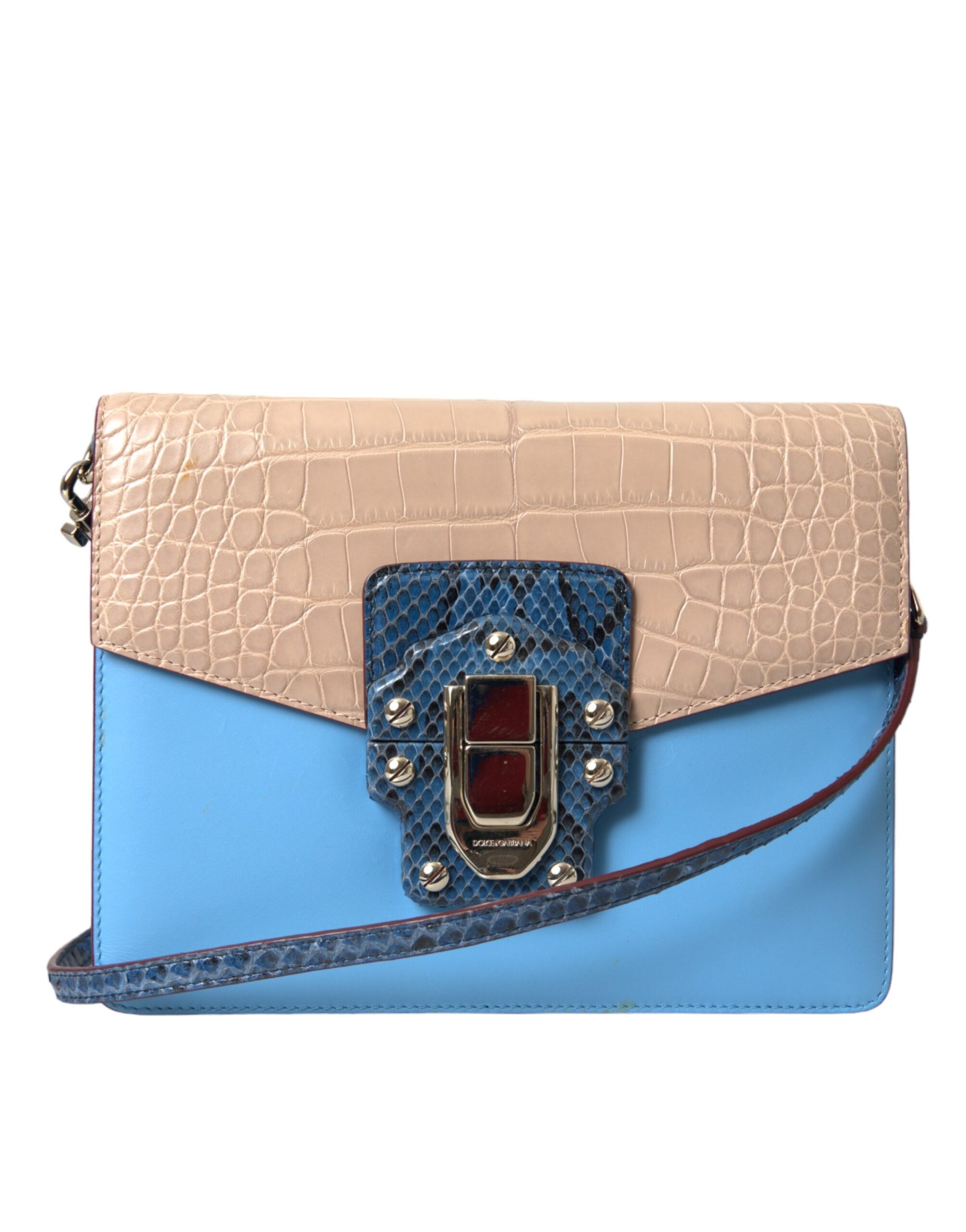 Blue and pink crocodile skin handbag with metal accents