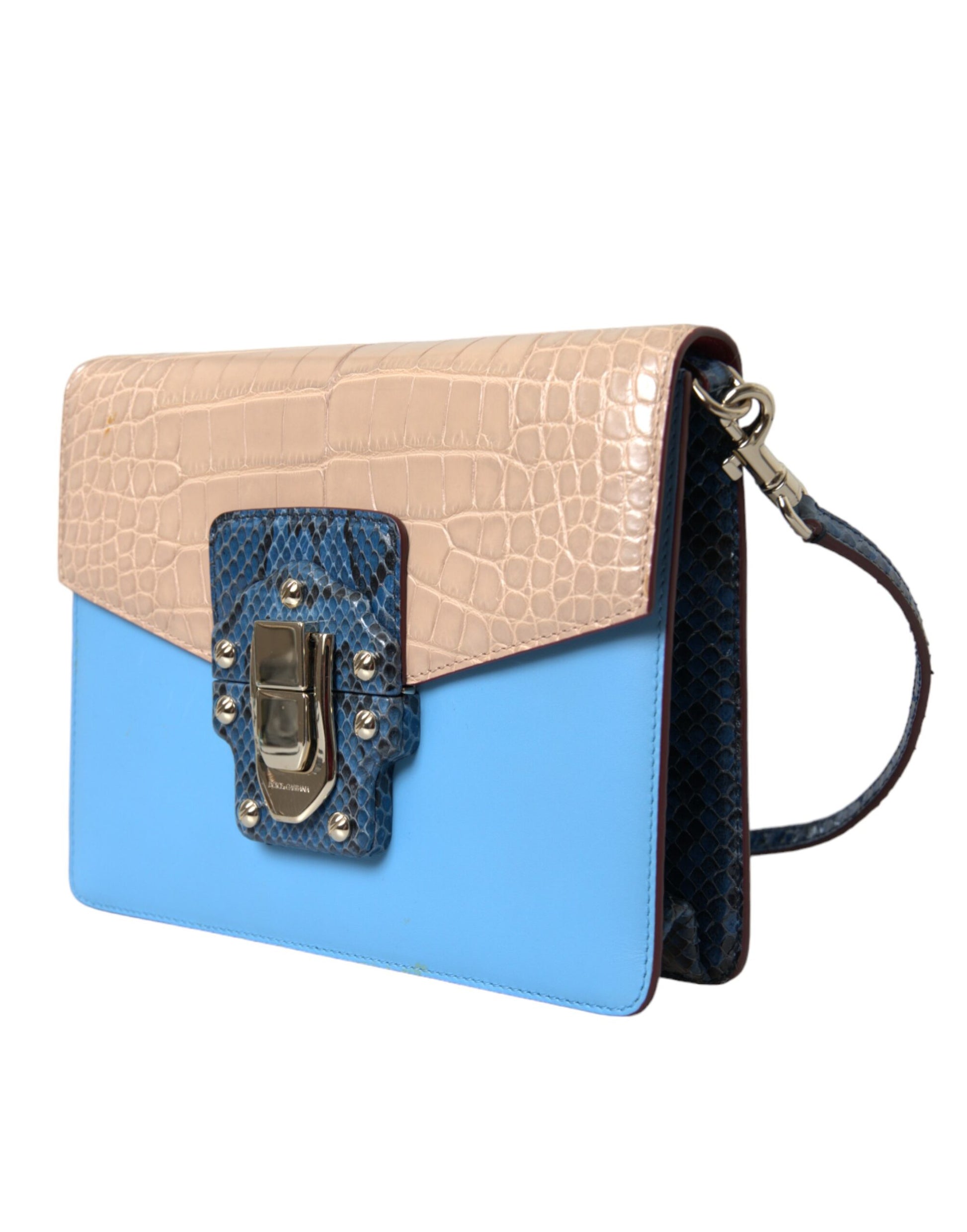 Blue and brown crocodile skin handbag with metal accents