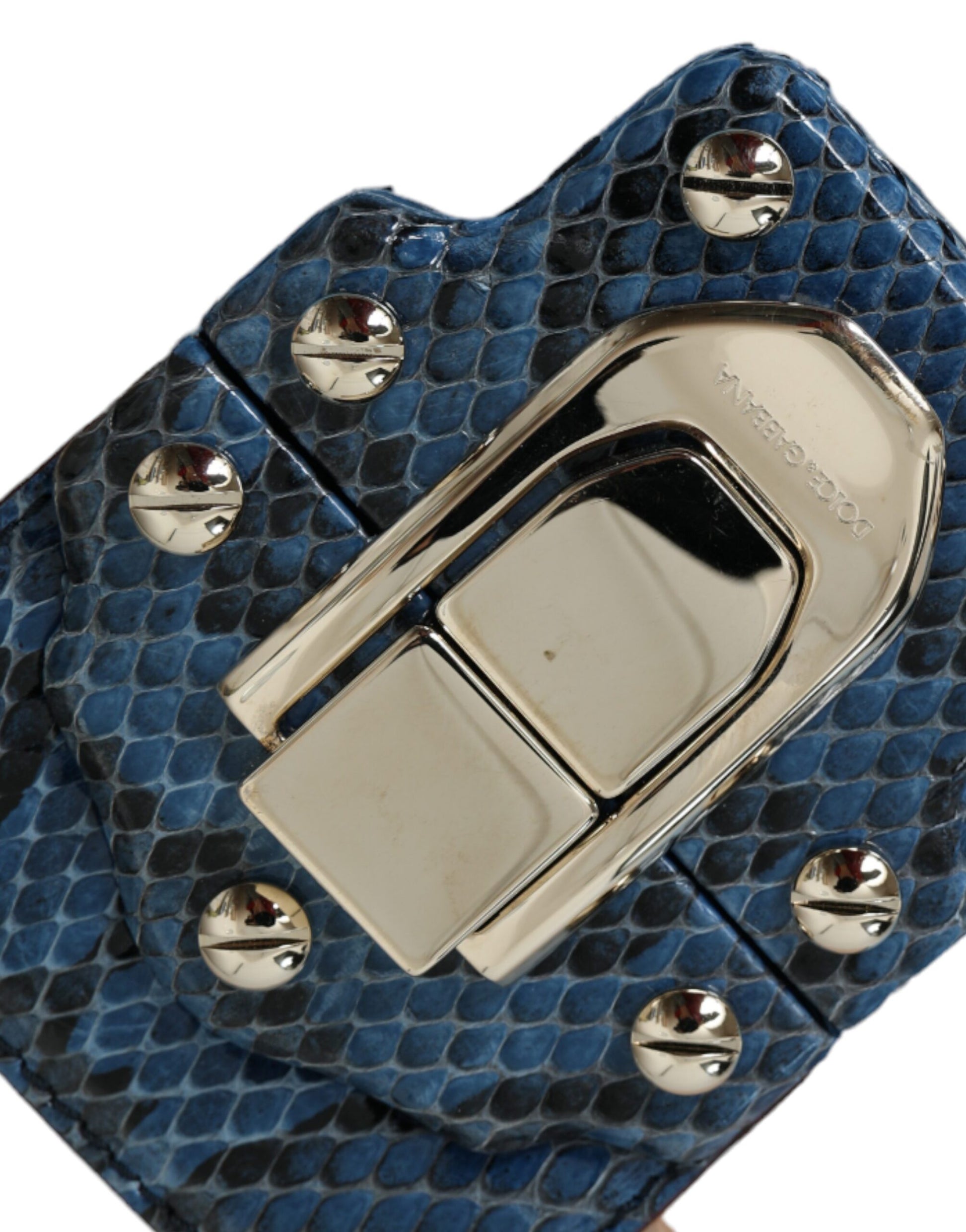 Blue snake skin wallet with gold buckle