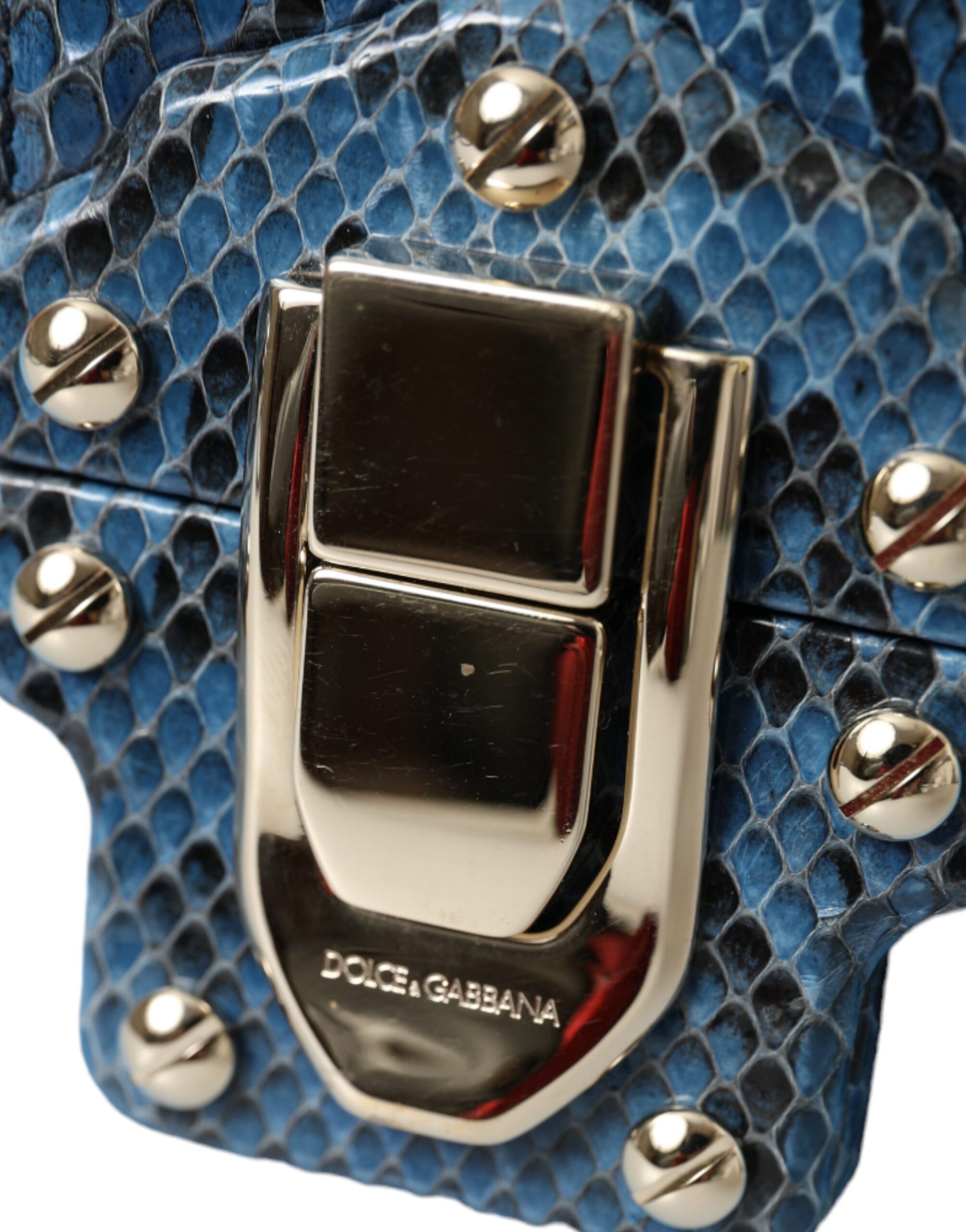 Silver buckle on blue snake skin bag
