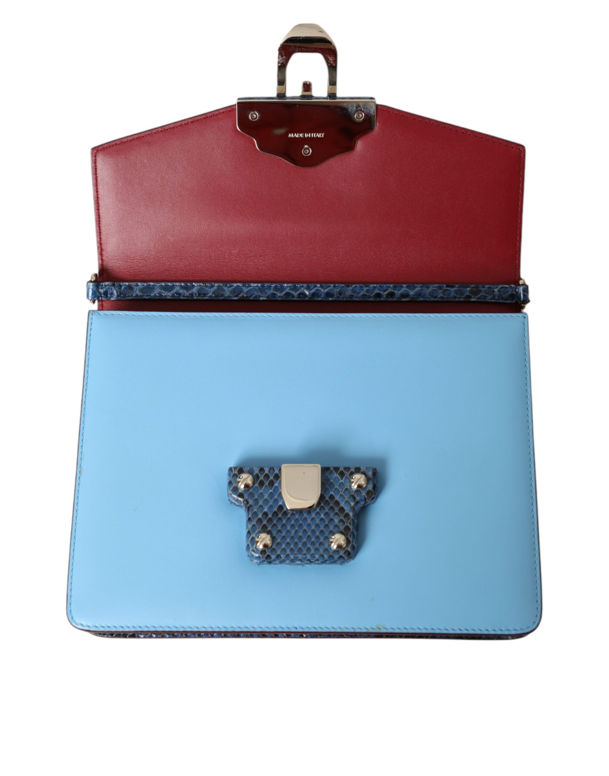 Blue and red leather wallet with gold buckle