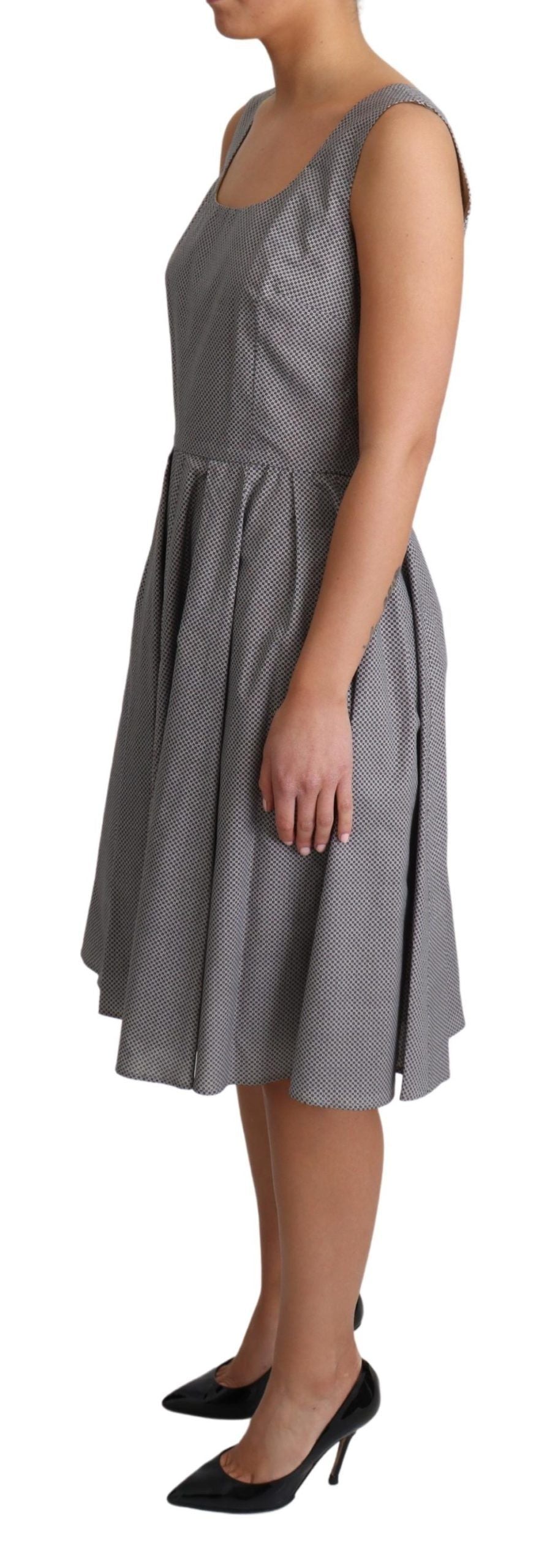 A-line dress with geometric pattern in blue, beige and black