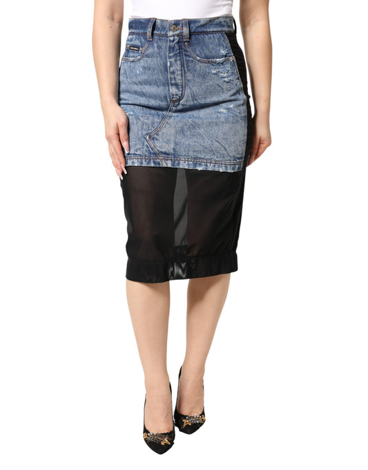 Woman wearing denim skirt with black mesh overlay and high heels