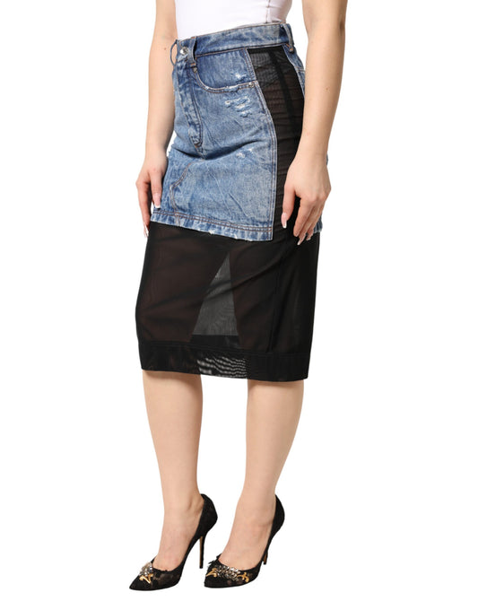 Woman wearing denim skirt and black heels