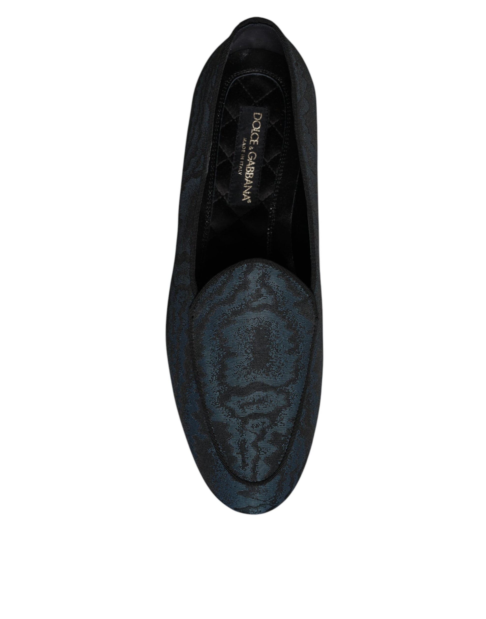 Black shoe with blue patterned sole