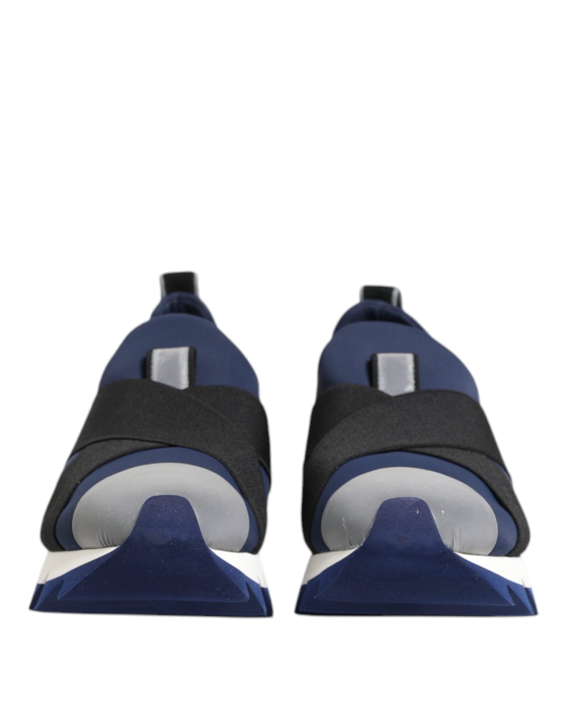 Pair of blue black slip on shoes with velvet trim and silver buckle