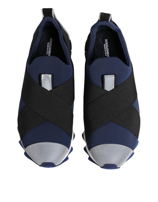 Pair of blue black slip on low top men's shoes with white soles