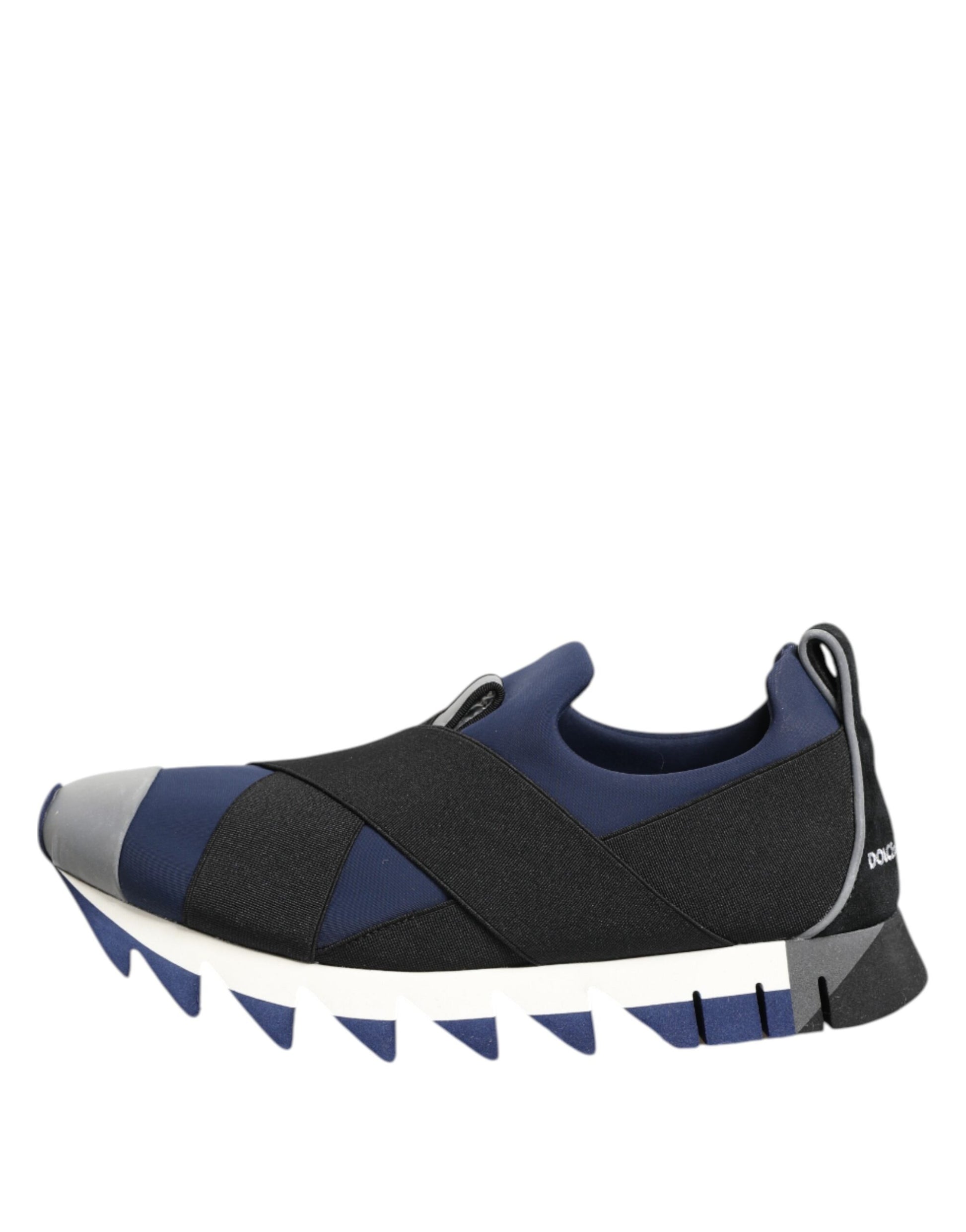 A pair of blue and black slip-on low top men's shoes with a textured upper