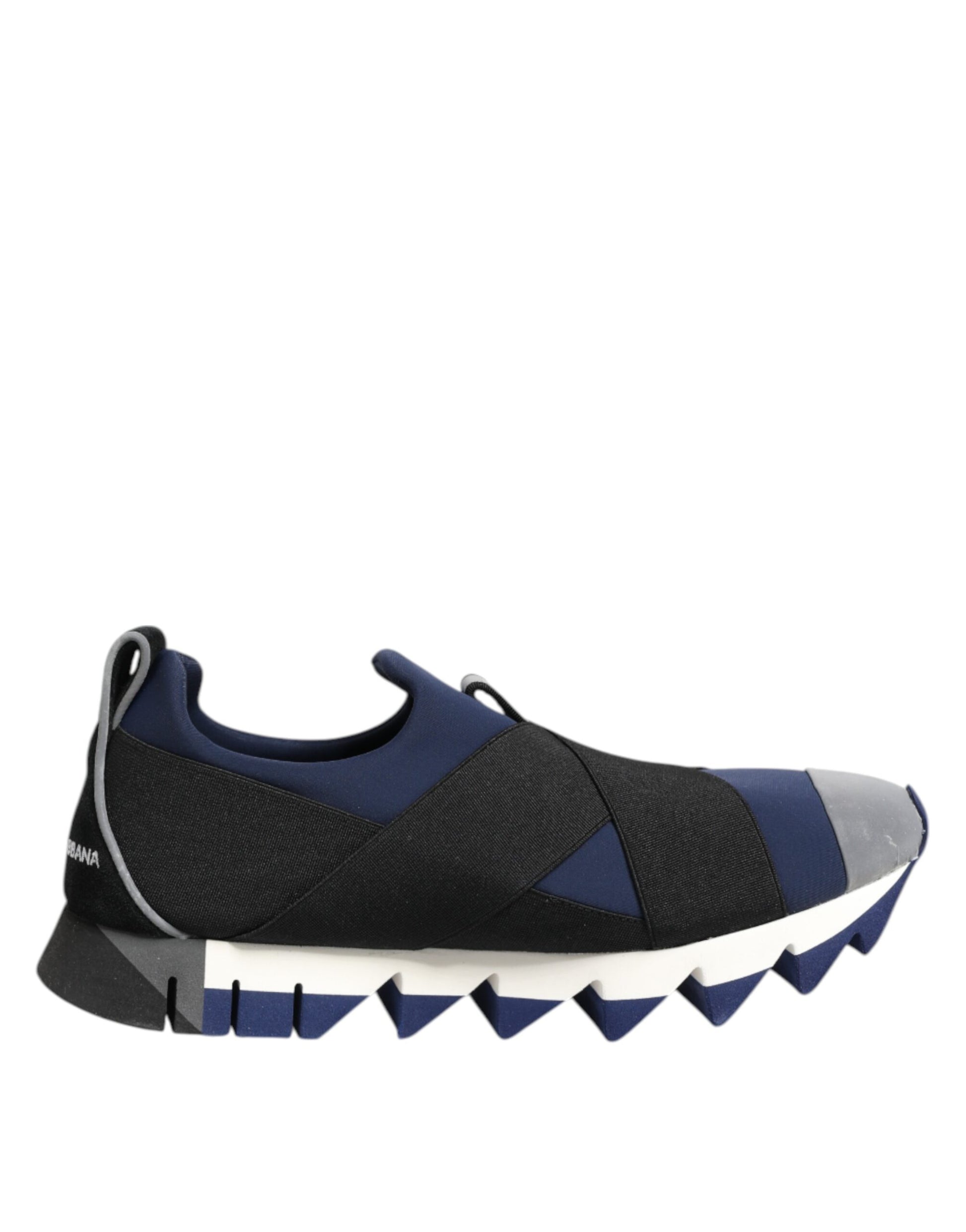 Blue black slip on low top men's shoes with white sole and spikes