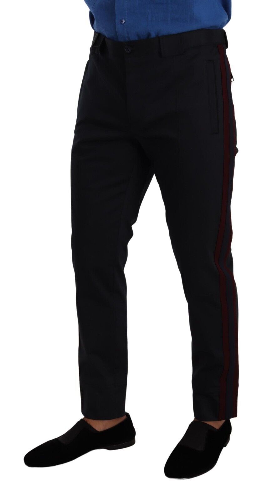 Pair of black trousers with red stripe on side