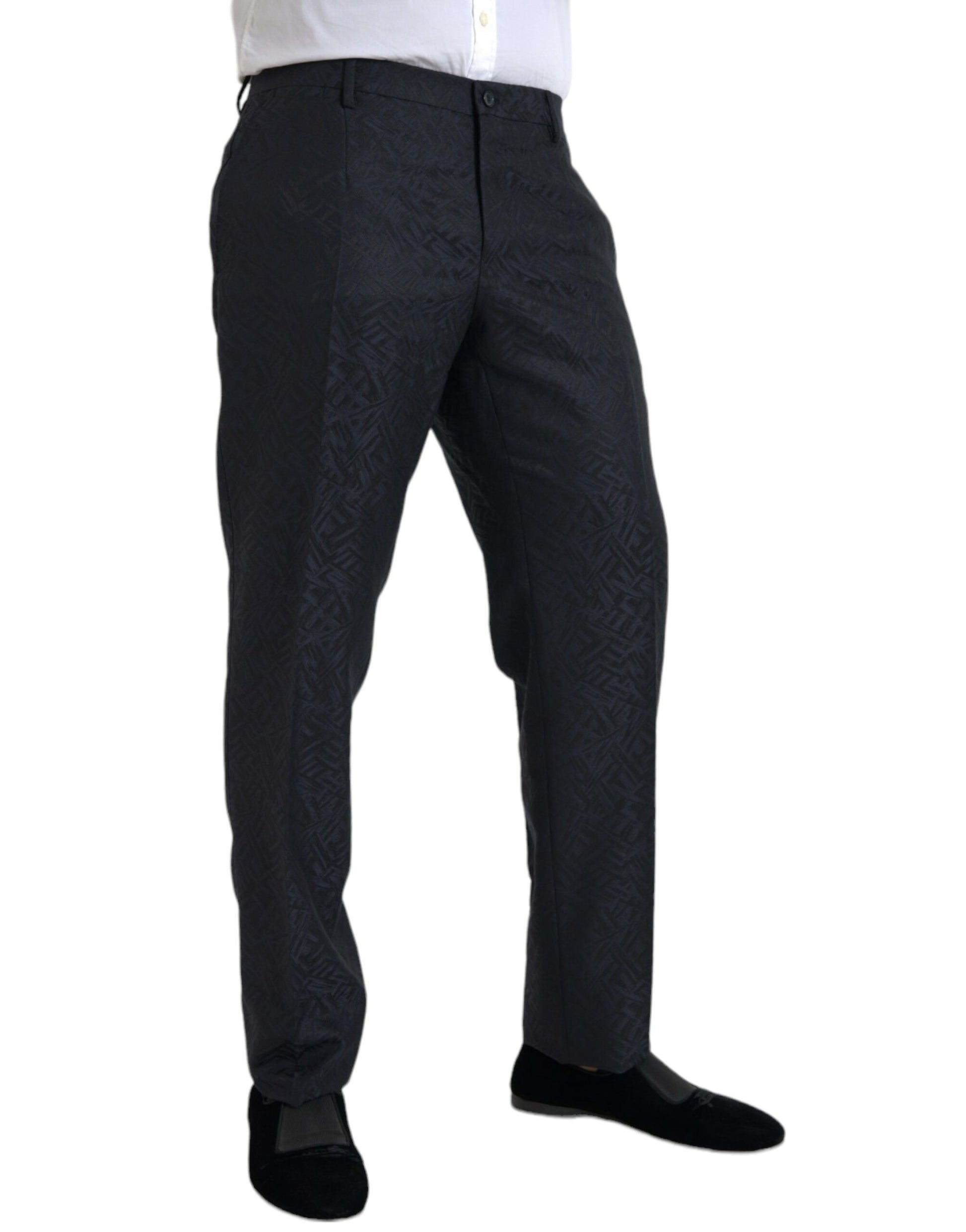 A pair of men's dress pants with a blue brocade wool pattern. They are skinny fit and feature a distinctive d
