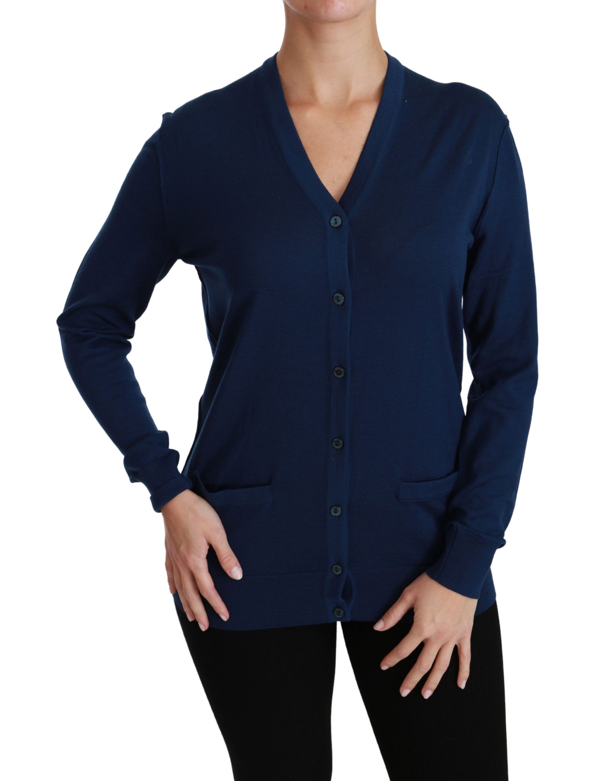 Woman wearing blue cardigan