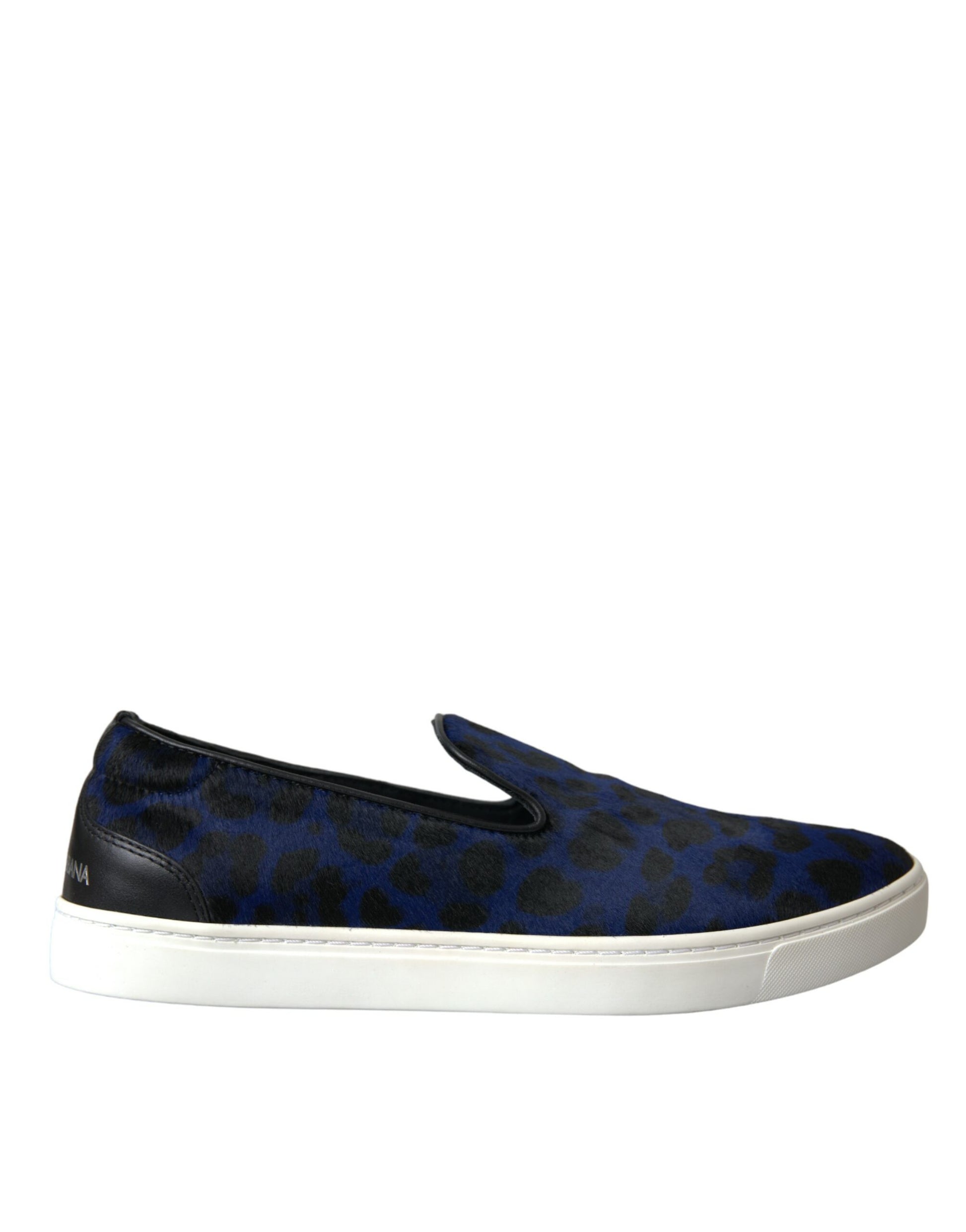 Blue and black slip on shoes with white soles