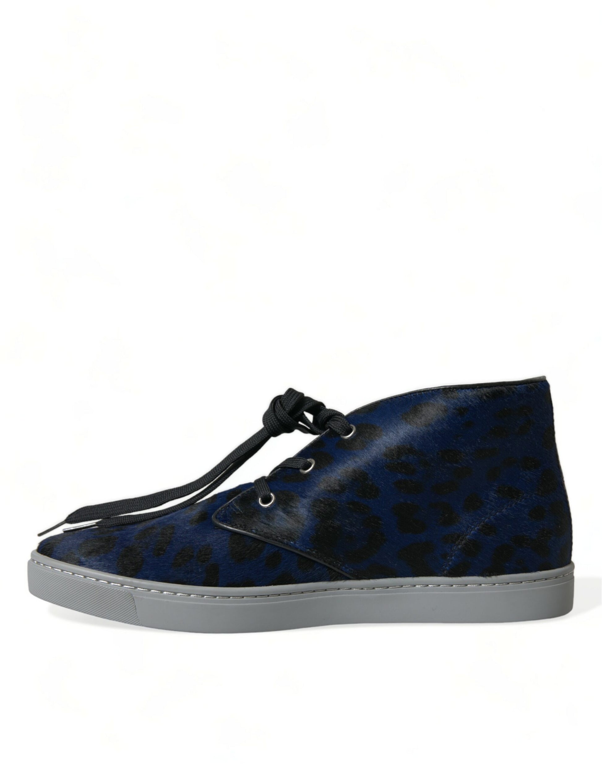 Blue and black sneaker with laces tied at top