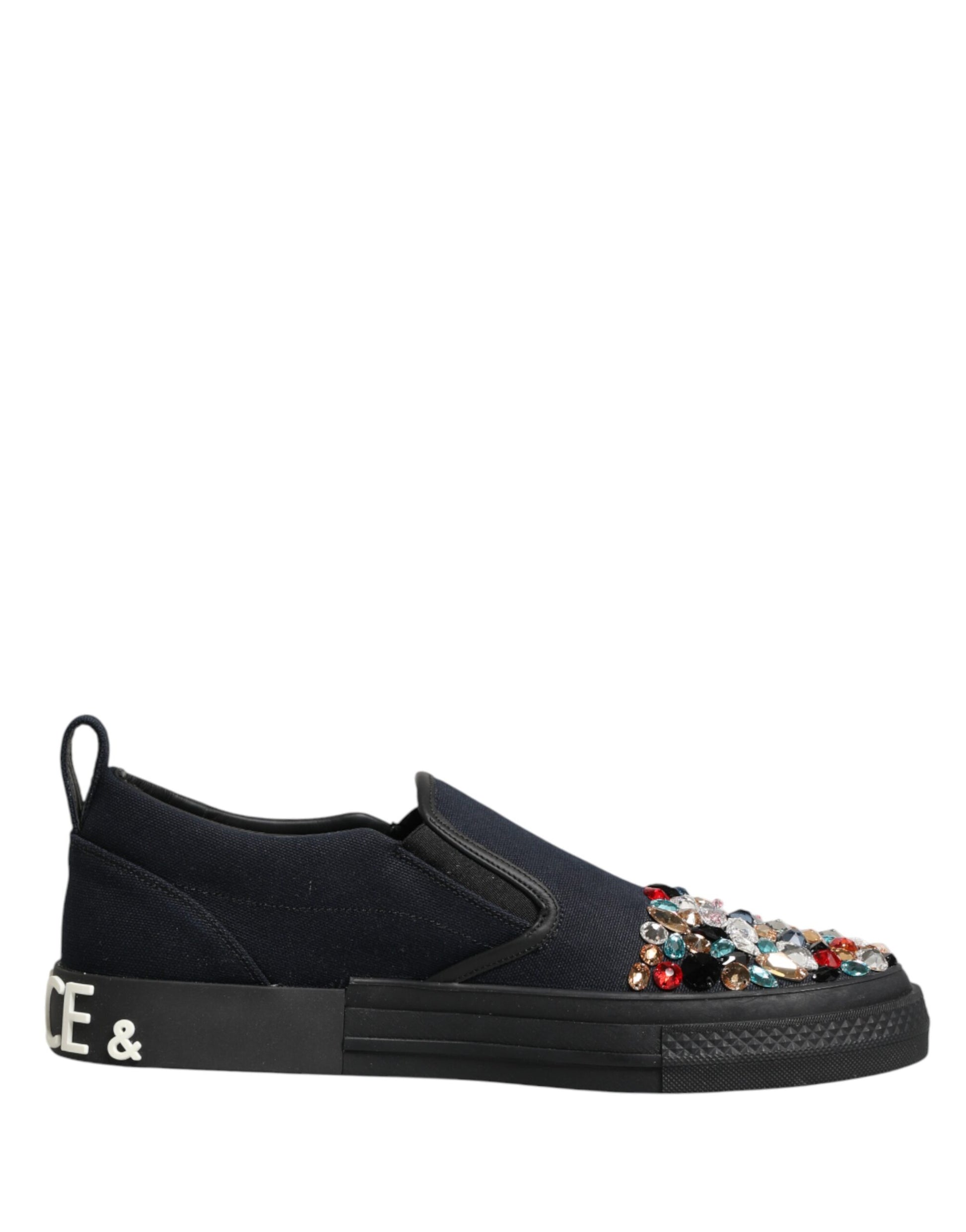 Black sneaker with white sole and glittery embellishments on heel
