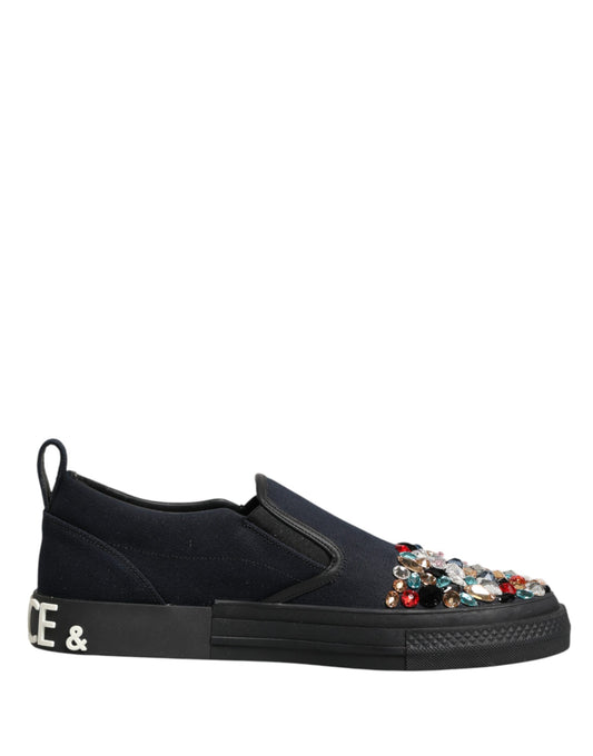 Black sneaker with white sole and glittery embellishments on heel