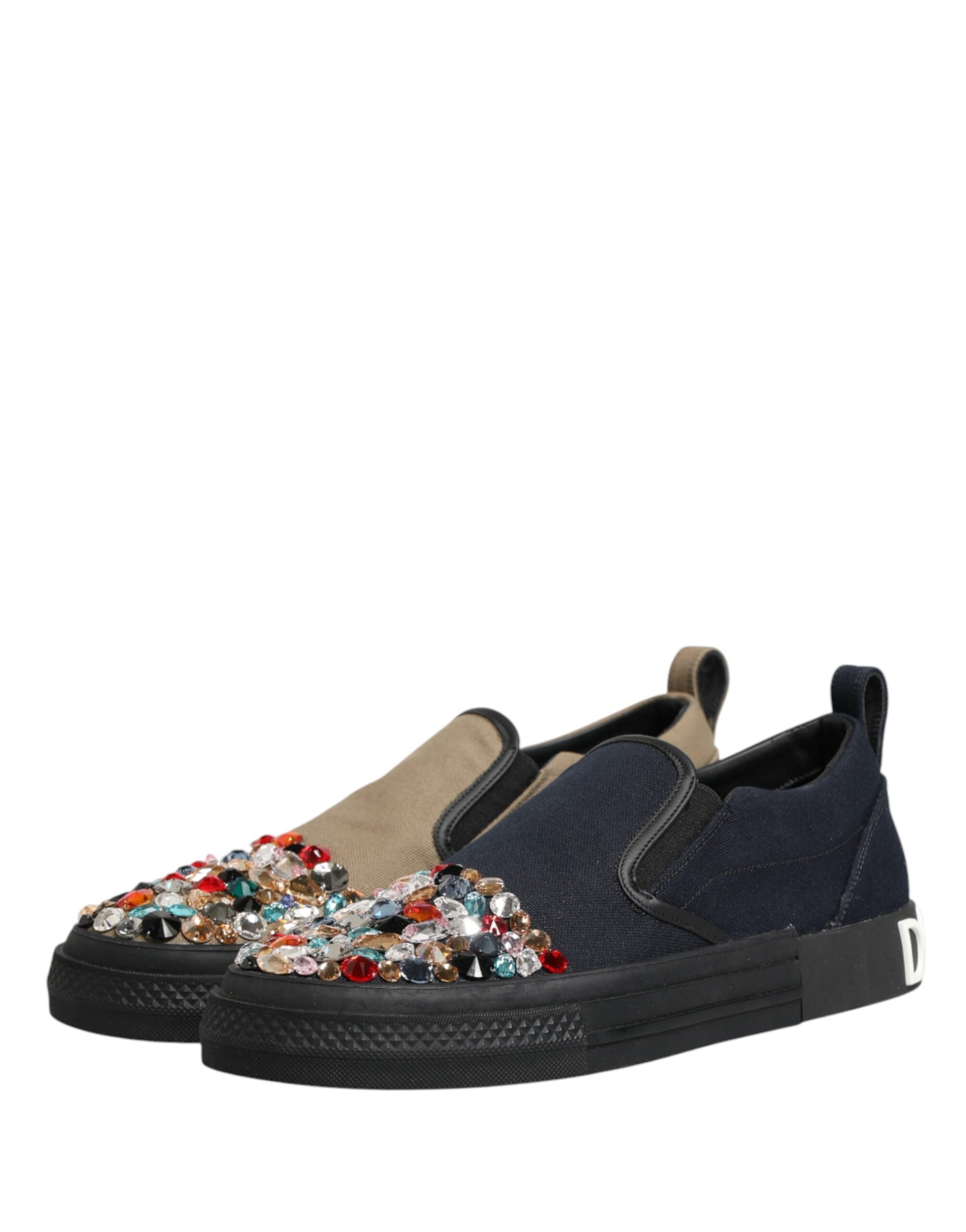 Blue sneaker with tan laces and a sparkly toe cap