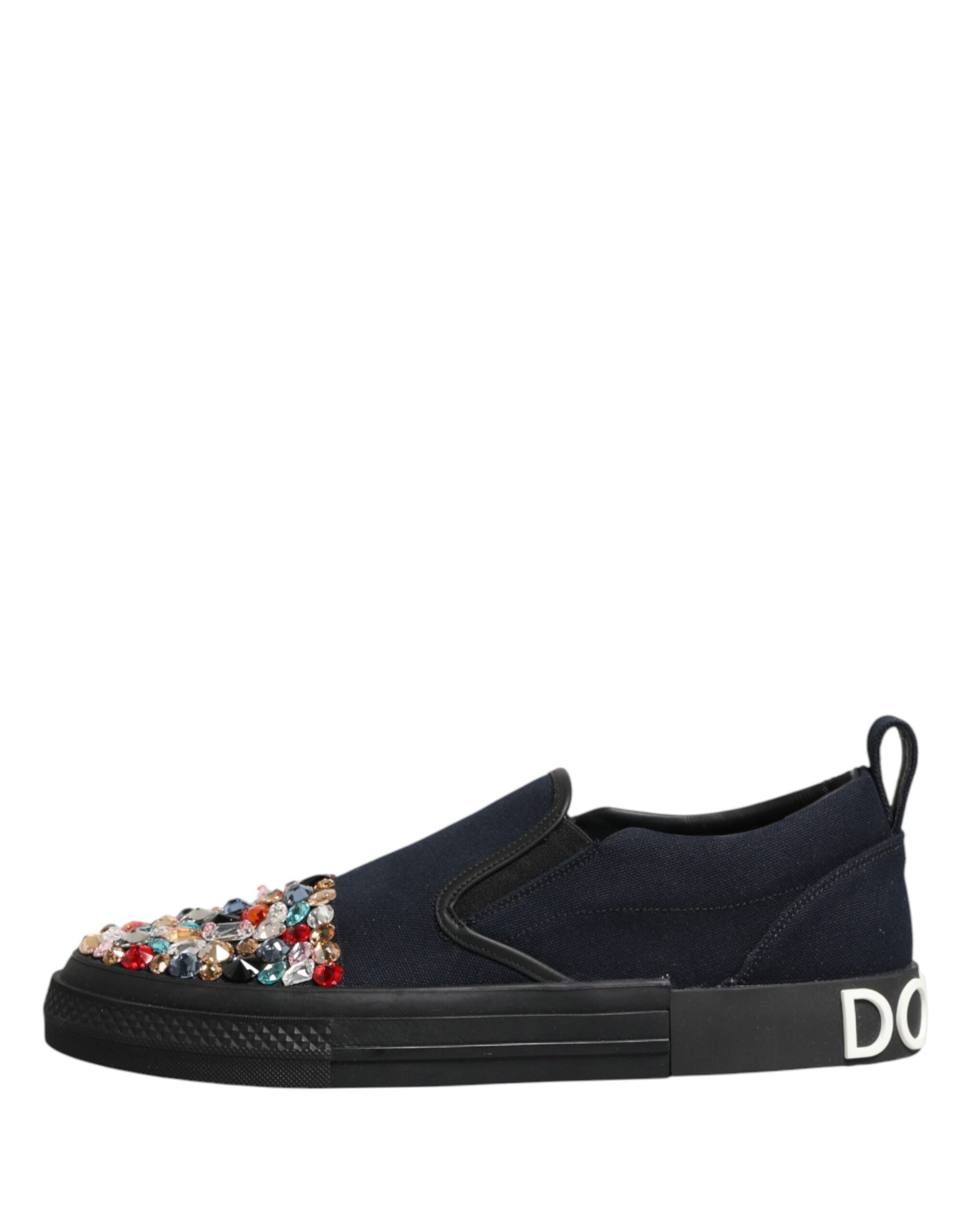 Black sneaker with white sole and colorful embellishments on toe