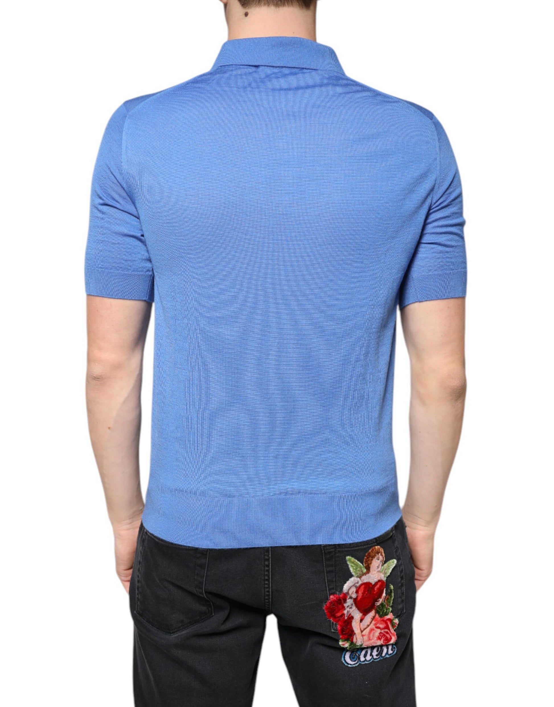 Blue polo shirt with embroidered rose on back
