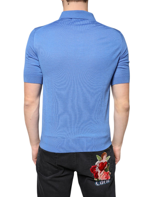 Blue polo shirt with embroidered rose on back