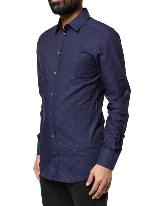 A blue check tartan dress shirt with a gold collar and cuffs
