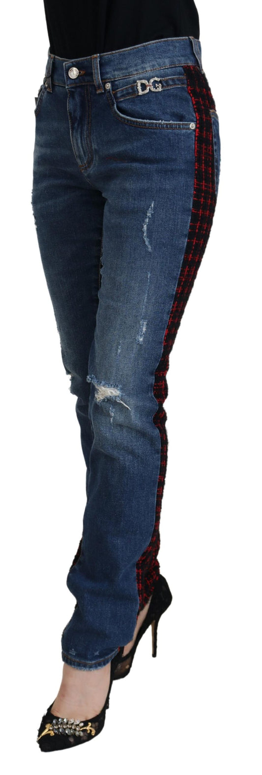 Woman wearing blue jeans with plaid pattern on legs