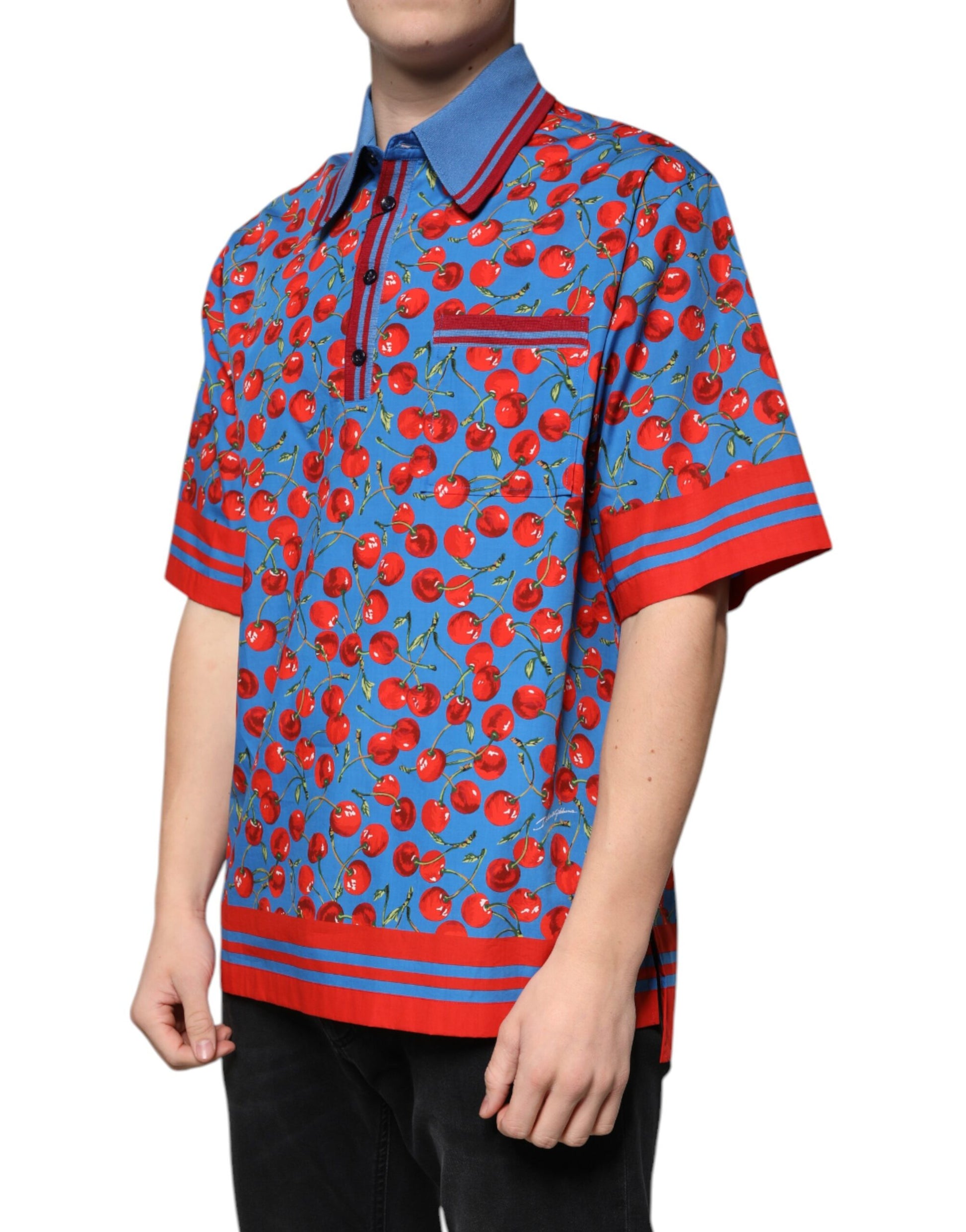 Man wearing colorful short sleeve shirt with red flowers
