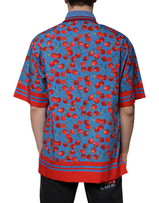 Red and blue short sleeve shirt with red cherry pattern