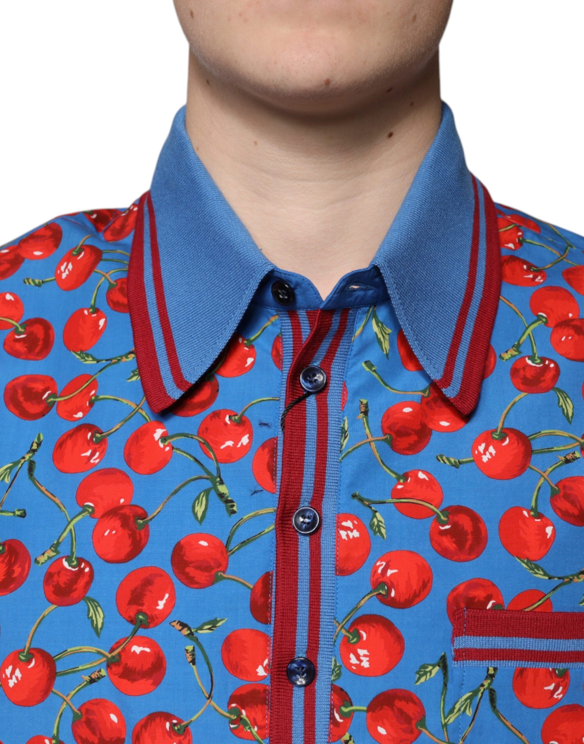 Blue shirt with red cherry print