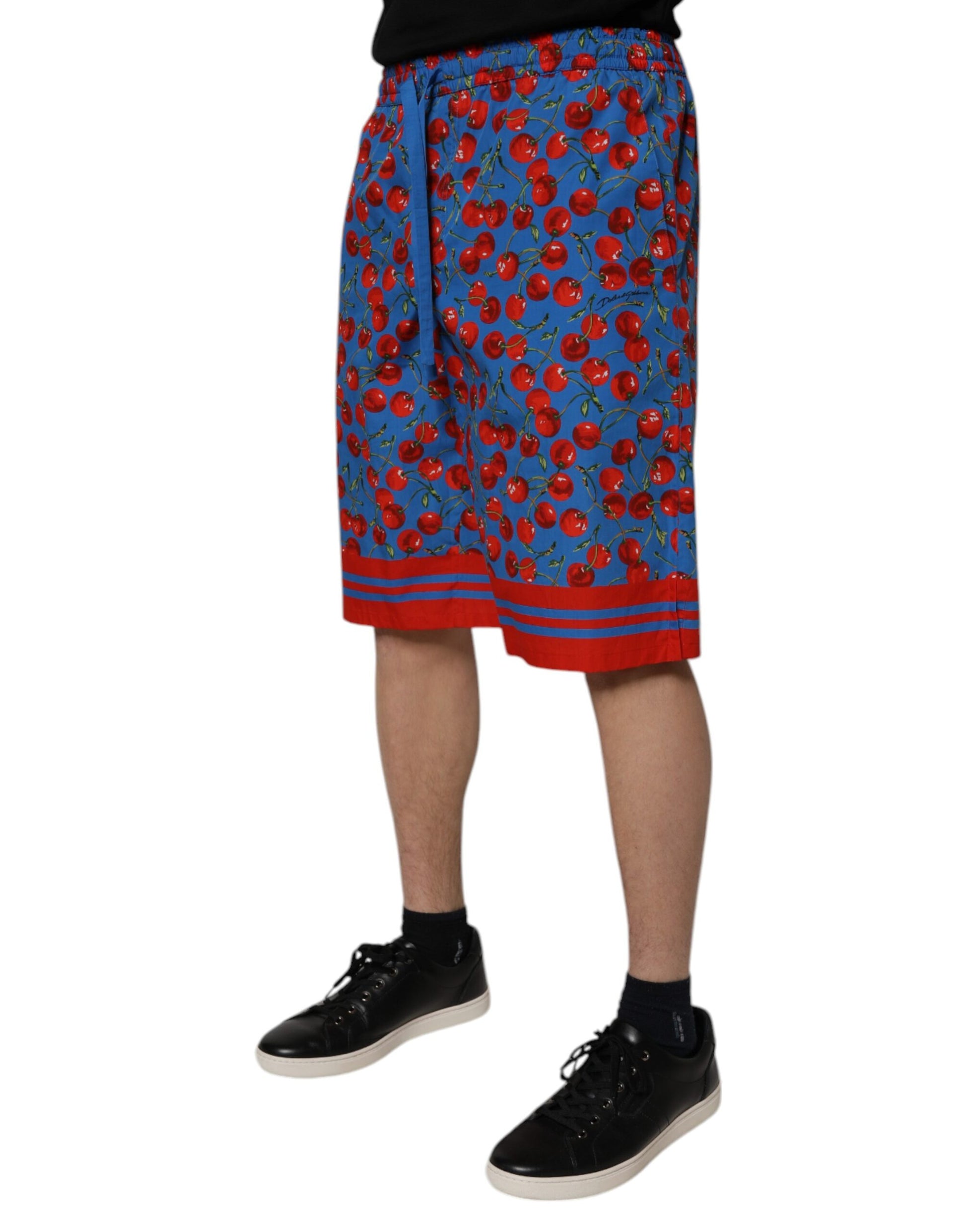 Red and blue cherry print cotton men's bermuda shorts with red trim