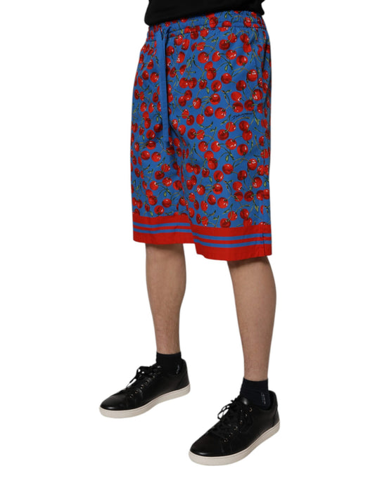 Red and blue cherry print cotton men's bermuda shorts with red trim