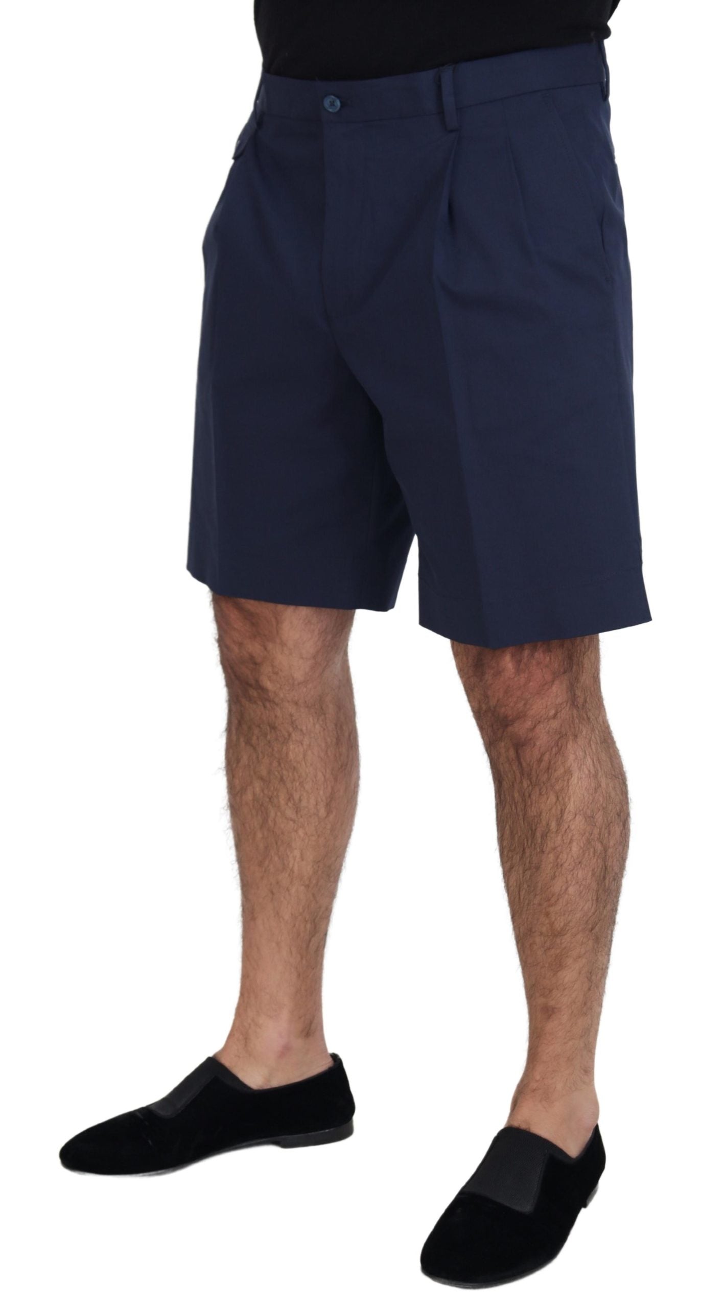 Men's blue chino shorts with stretch, cotton fabric, and elastic waistband