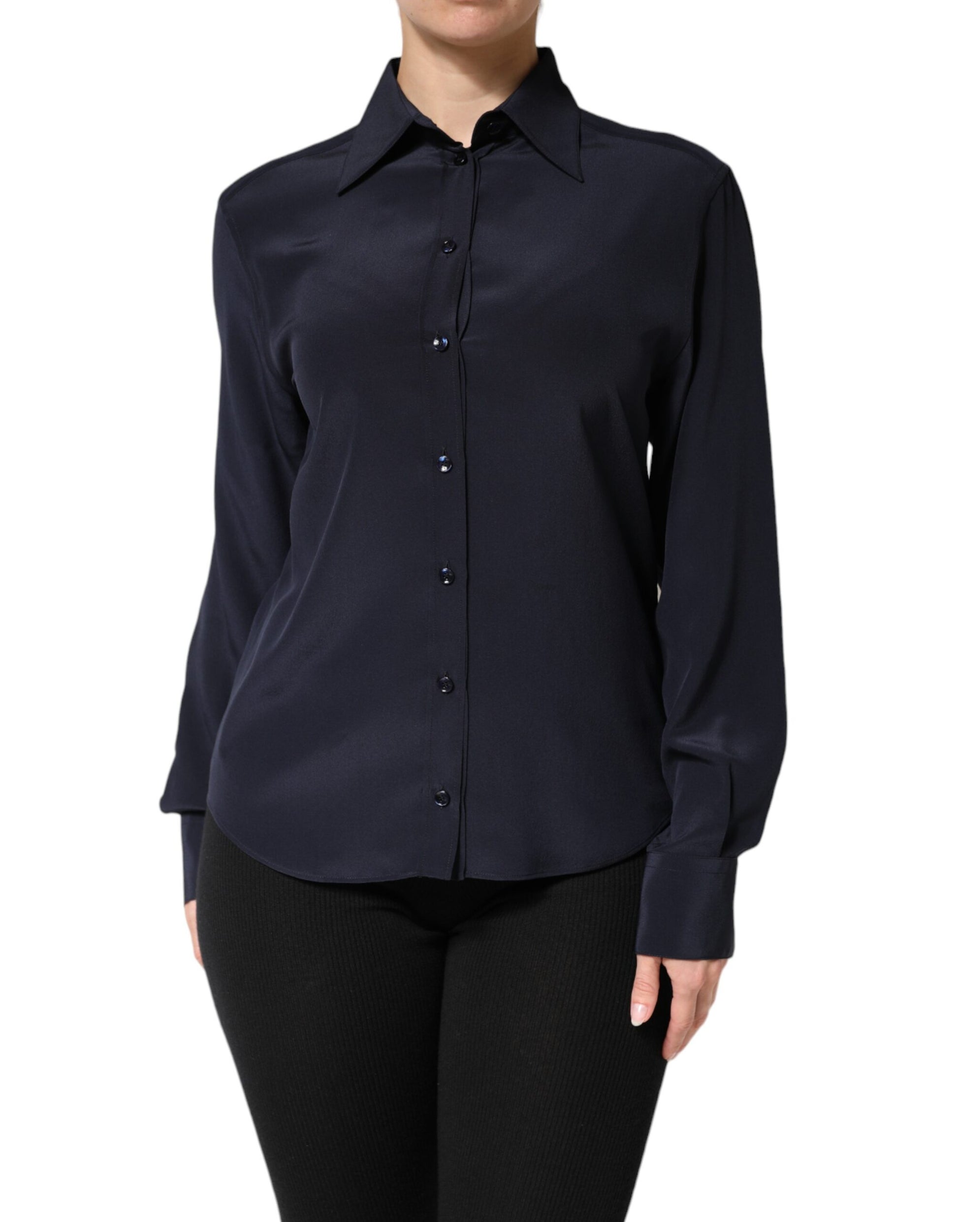 A long sleeve blue dress shirt with collar and buttons