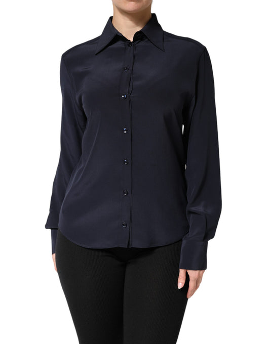 A long sleeve blue dress shirt with collar and buttons