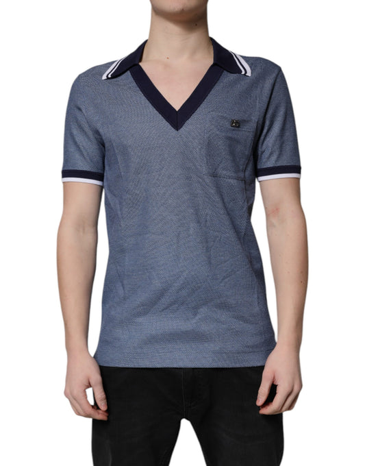 Blue polo shirt with white stripes on sleeves