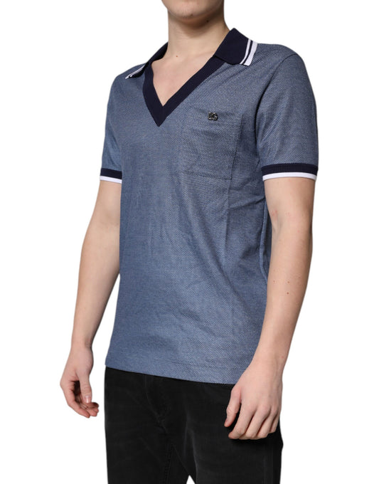 Blue polo shirt with white stripes on sleeves