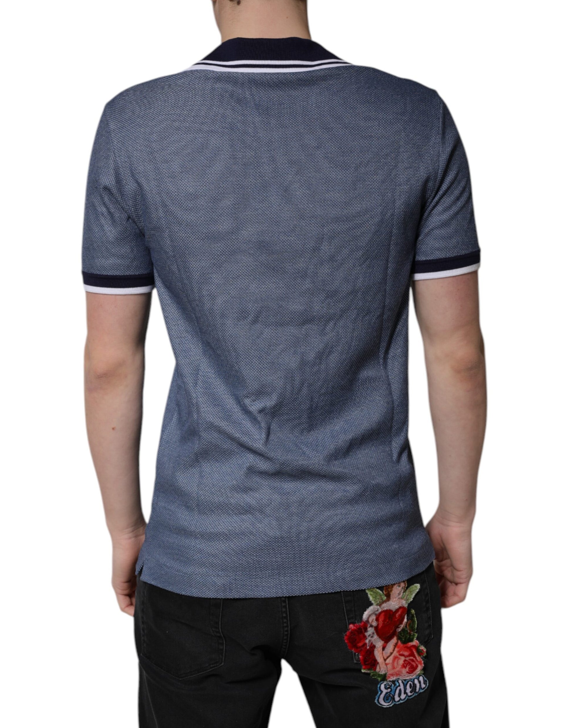 Blue short sleeve polo shirt with white stripes on shoulders