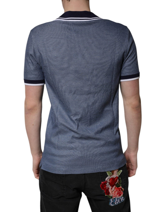 Blue short sleeve polo shirt with white stripes on shoulders