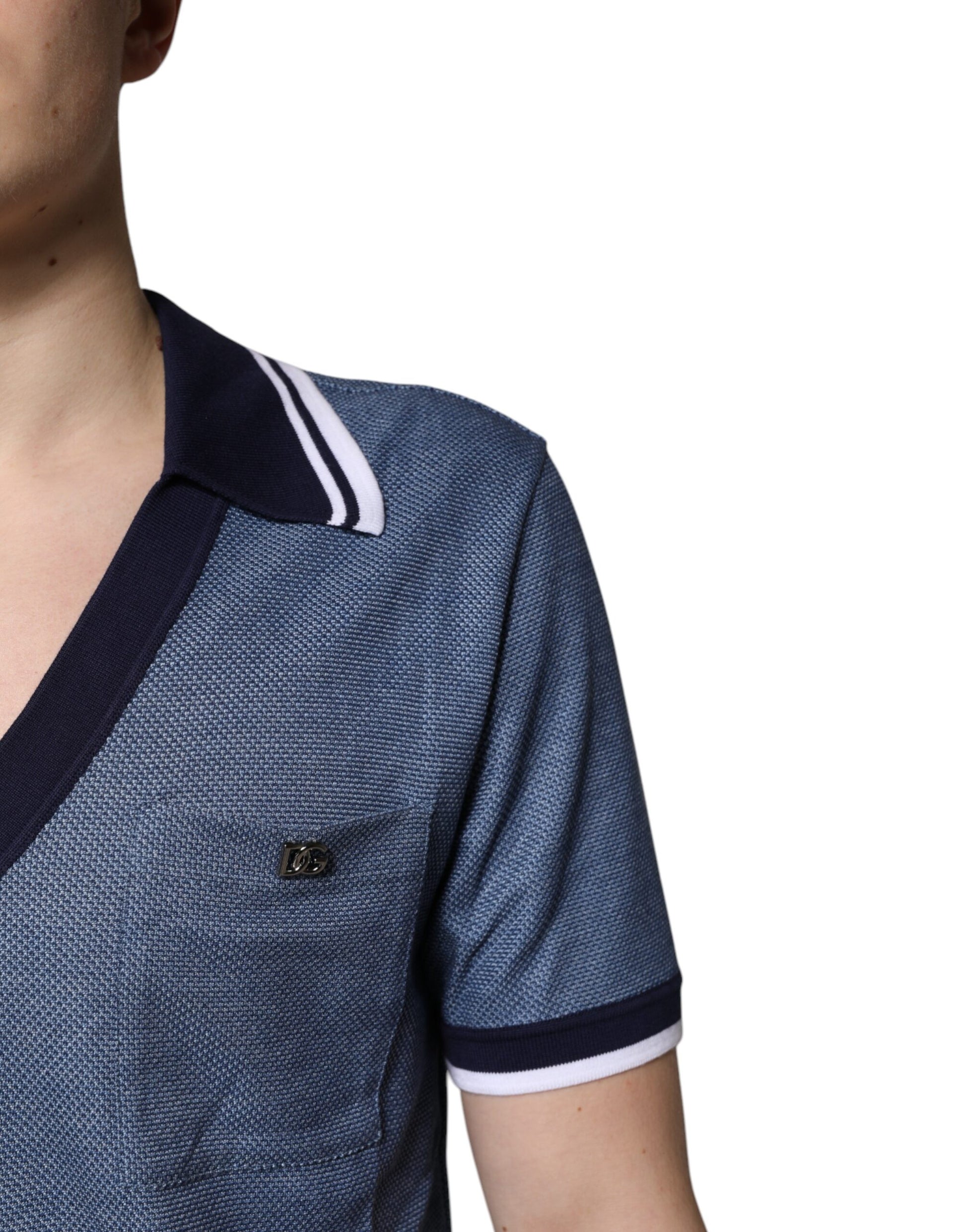 Blue denim polo shirt with white stripes on sleeves