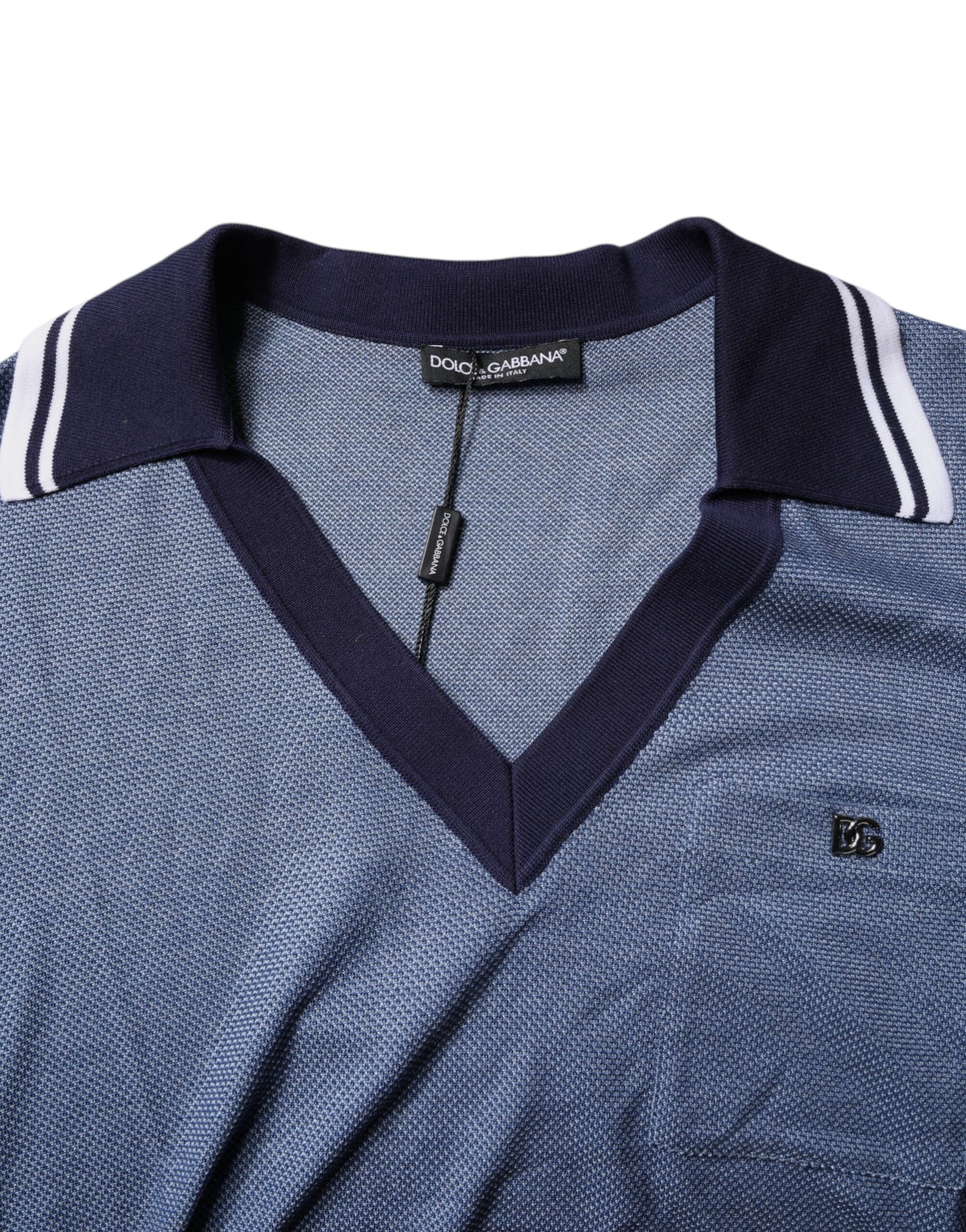 Blue polo shirt with white stripes on collar and sleeves