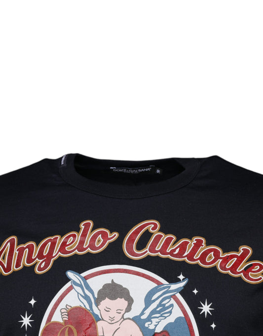 Black t-shirt with graphic design featuring a baby angel holding a trumpet
