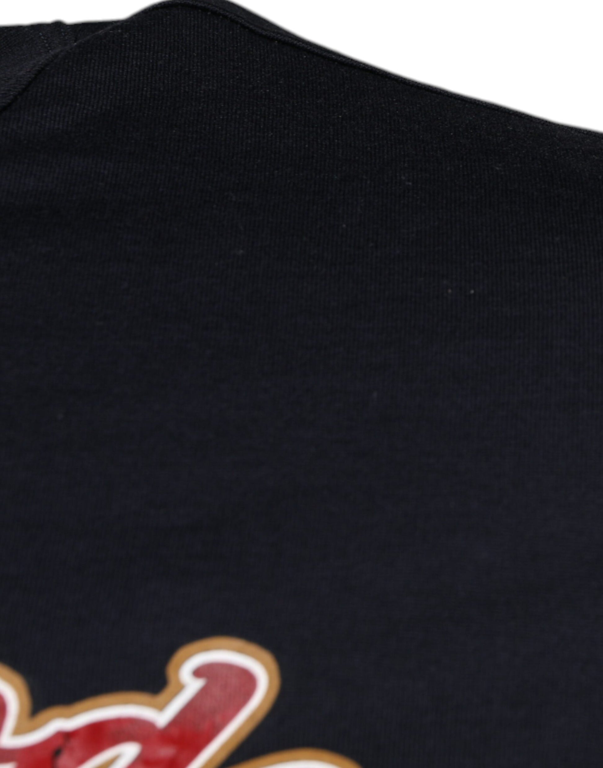 Black t-shirt with red logo on front