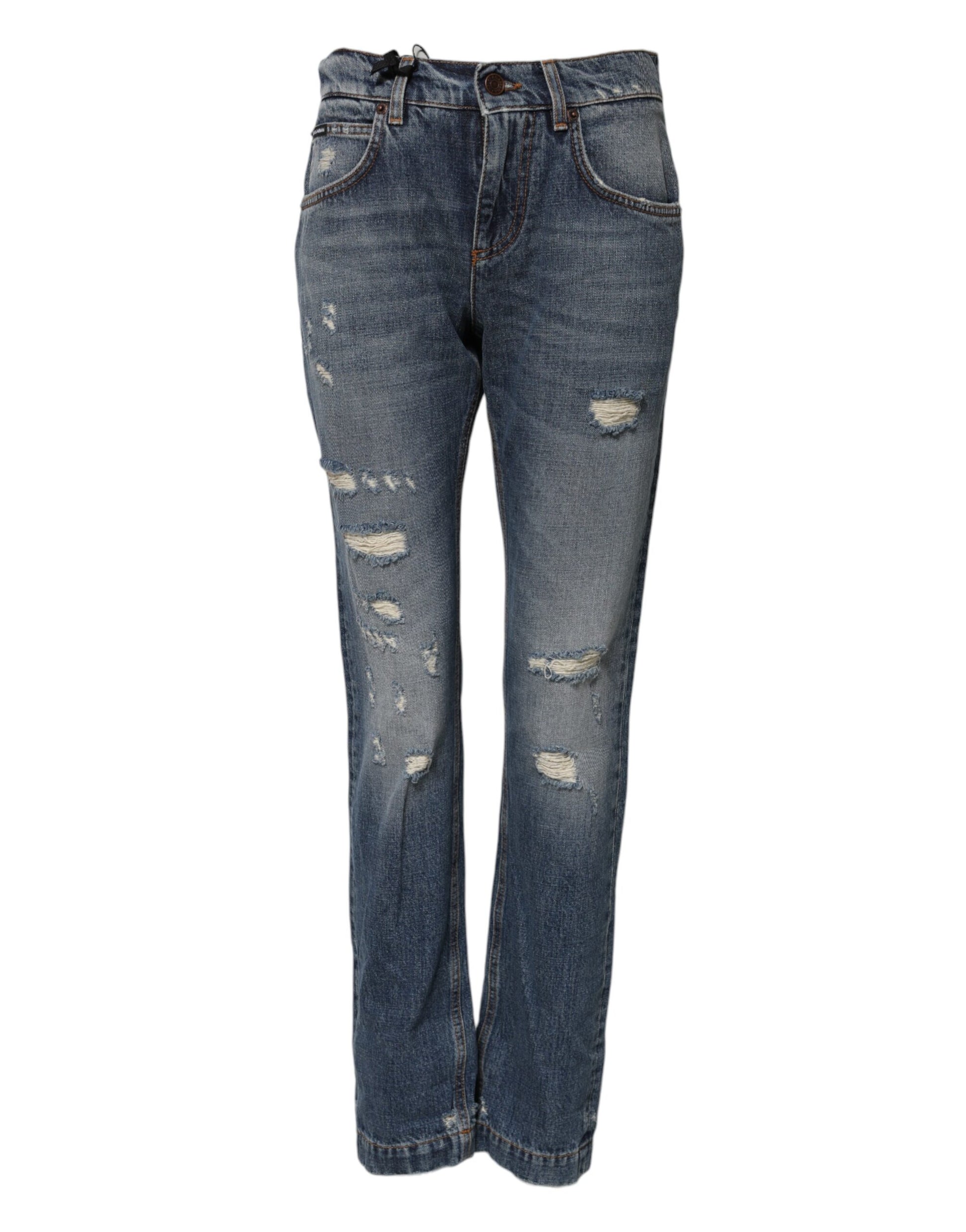 Pair of blue jeans with distressed details