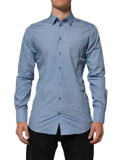 Men's blue cotton collared dress shirt with gold buttons